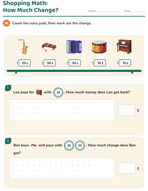 Preview of Counting Money worksheet featuring Music for grade 2