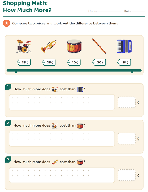 Preview of Counting Money worksheet featuring Music for grade 2