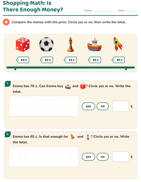 Preview of Counting Money worksheet featuring Toys for grade 2