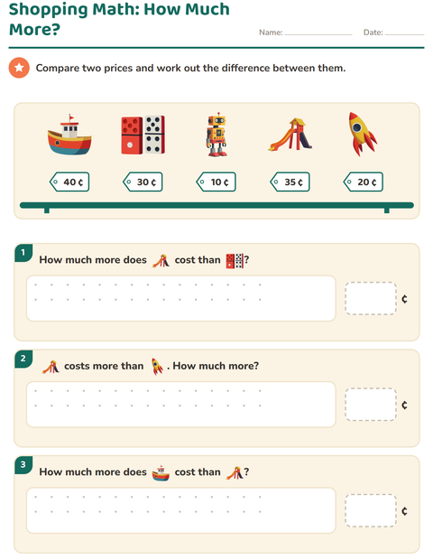 Preview of Shopping Math: How Much More Does One Toy Cost Than Another?