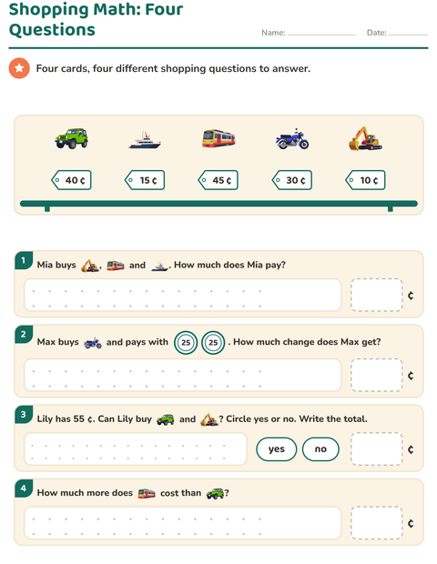 Shopping Math: Four Cards, Four Different Questions