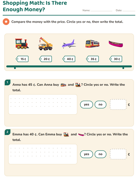 Preview of Is There Enough Money? Circle Yes or No, Then Write the Total