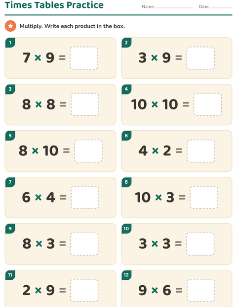 Preview of Multiplication Tables worksheet for grade 3