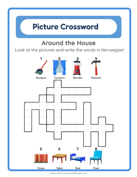 Preview of Learn Norwegian: Household Things – Picture Crossword for Kids