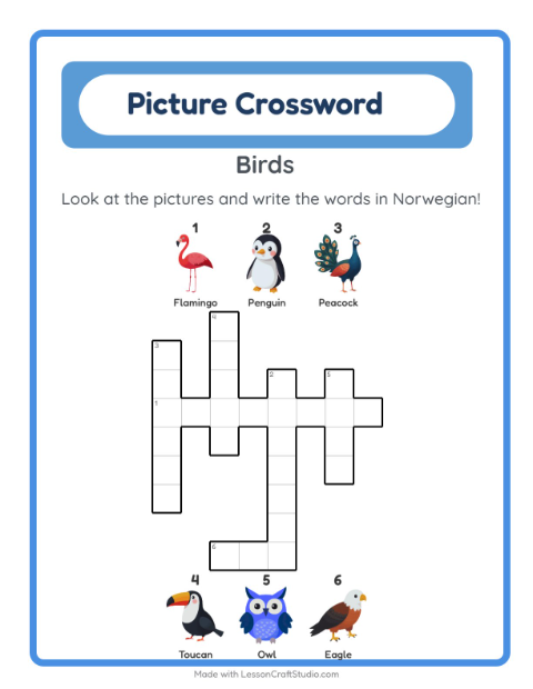 Preview of Learn Norwegian: Birds – Picture Crossword for Kids
