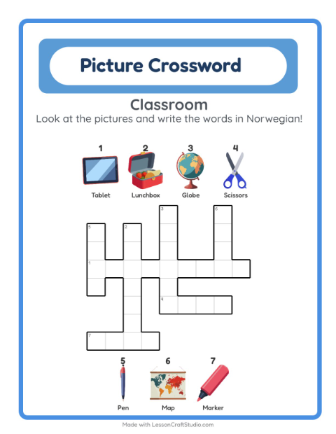 Picture crossword – Classroom Objects
