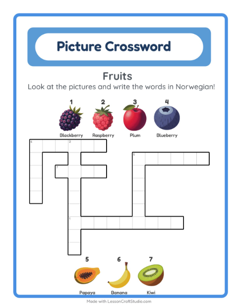 Preview of Learn Norwegian: Fruits – Picture Crossword for Kids