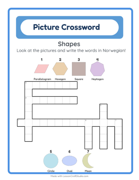 Preview of Learn Norwegian: Shapes – Picture Crossword for Kids