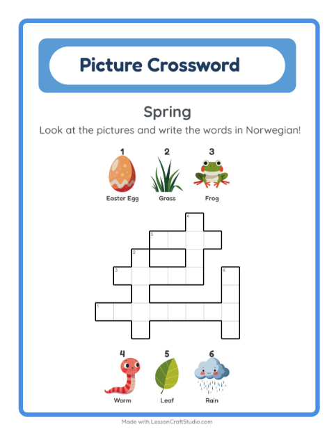 Preview of Learn Norwegian: Spring – Picture Crossword for Kids