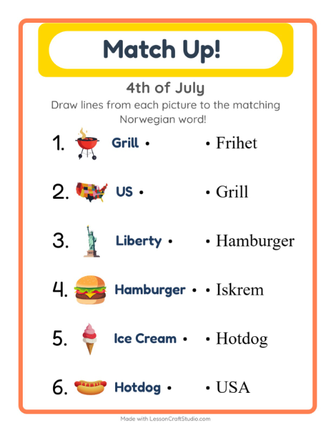 Picture-word match – Fourth of July Things