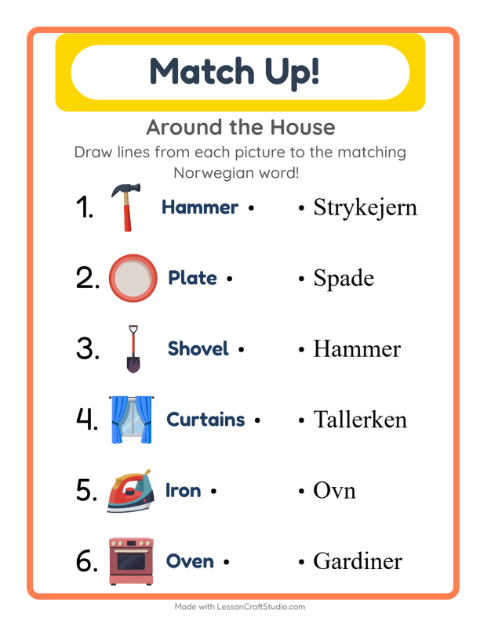 Preview of Learn Norwegian: Household Things – Picture-Word Match for Kids