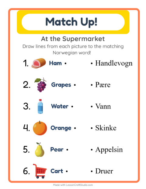 Preview of Learn Norwegian: Supermarket Things – Picture-Word Match for Kids
