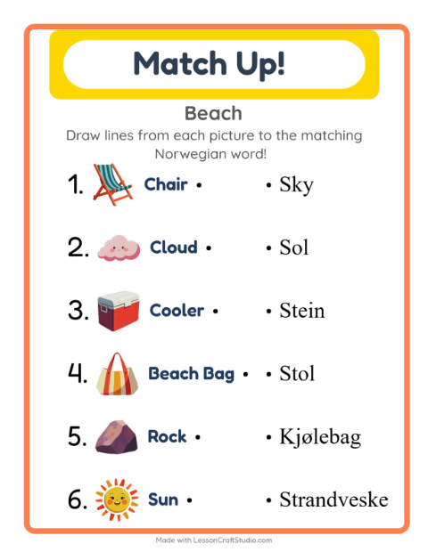 Picture-word match – Beach Things
