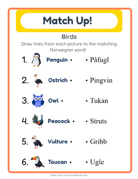 Preview of Learn Norwegian: Birds – Picture-Word Match for Kids