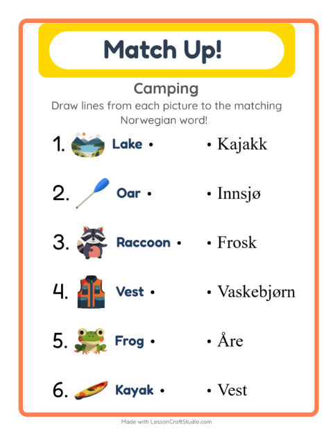 Picture-word match – Camping Gear