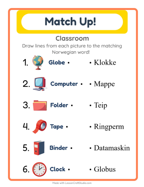 Picture-word match – Classroom Objects