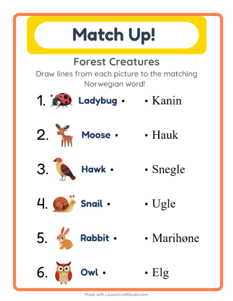 Picture-word match – Forest Creatures