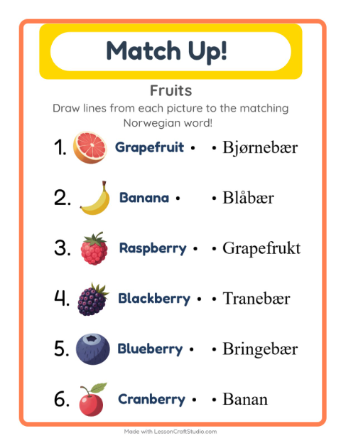 Preview of Learn Norwegian: Fruits – Picture-Word Match for Kids