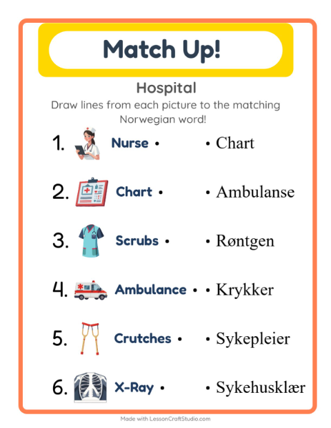 Picture-word match – Hospital Things