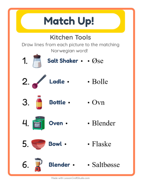 Picture-word match – Kitchen Tools