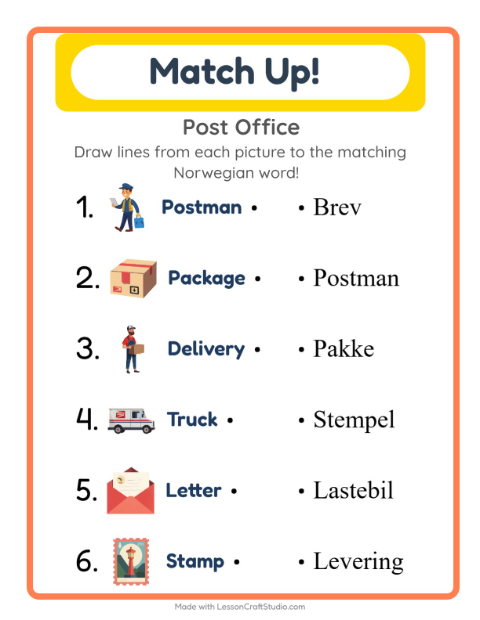 Preview of Learn Norwegian: Post Office – Picture-Word Match for Kids