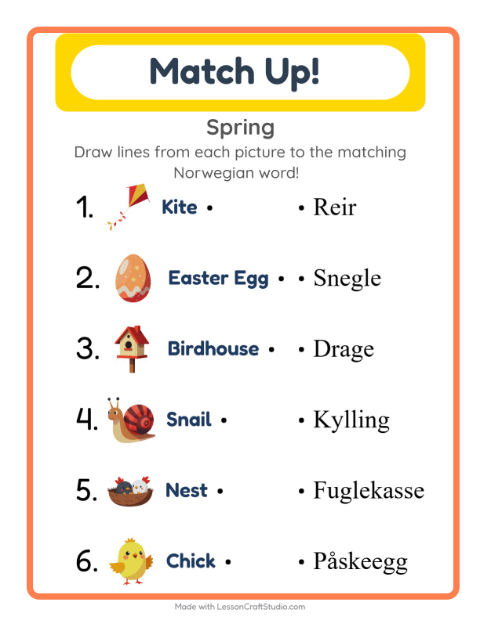 Preview of Learn Norwegian: Spring – Picture-Word Match for Kids