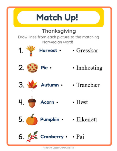 Picture-word match – Thanksgiving