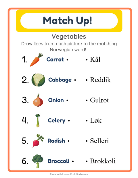 Picture-word match – Vegetables