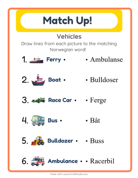 Picture-word match – Vehicles