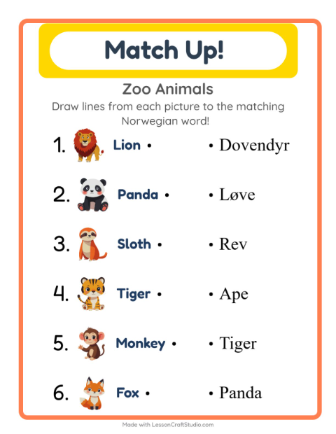 Picture-word match – Zoo Animals
