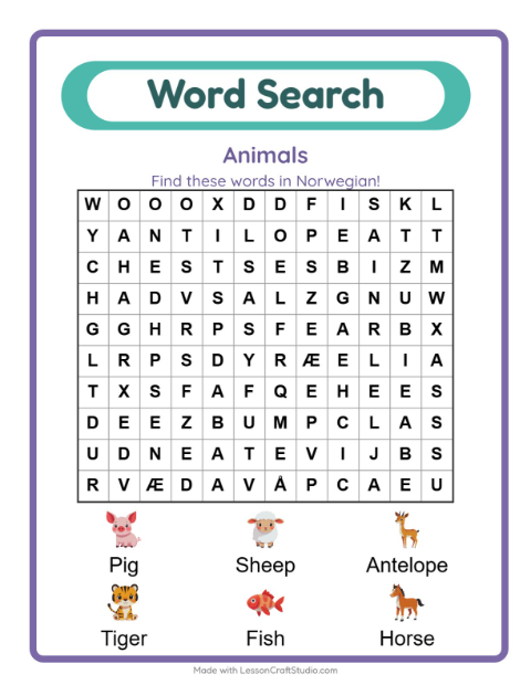 Picture word search – Animals