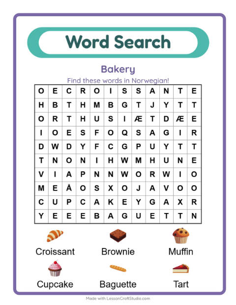 Picture word search – Bakery Treats