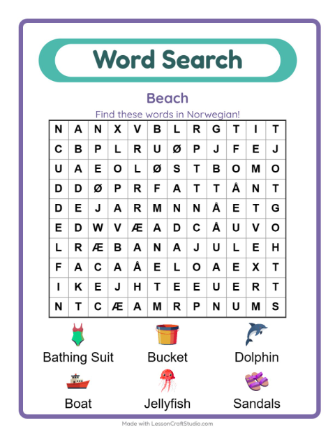 Picture word search – Beach Things
