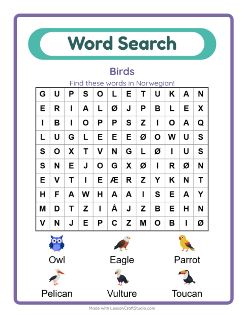 Picture word search – Birds