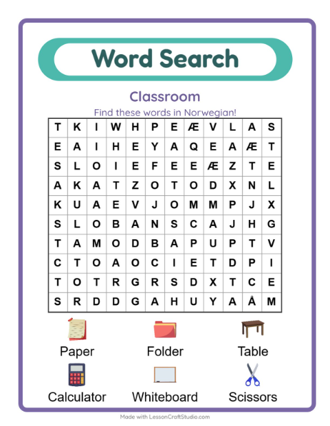 Picture word search – Classroom Objects
