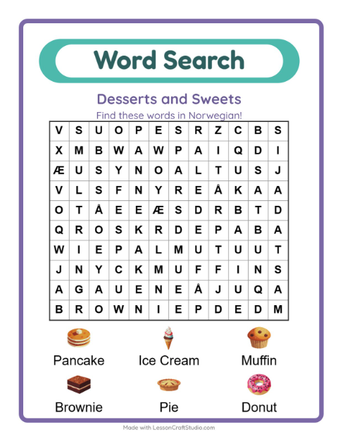 Picture word search – Desserts and Sweets