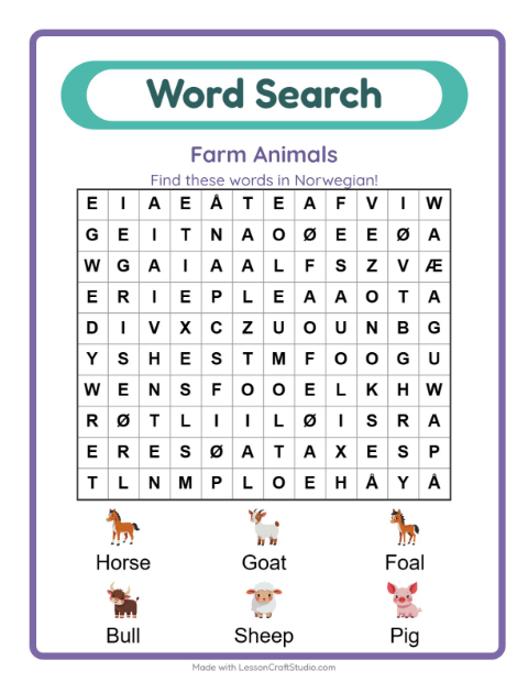 Picture word search – Farm Animals