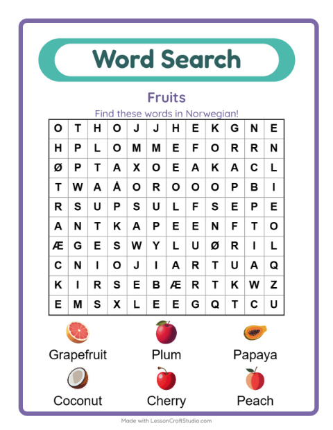 Preview of Learn Norwegian: Fruits – Word Search for Kids
