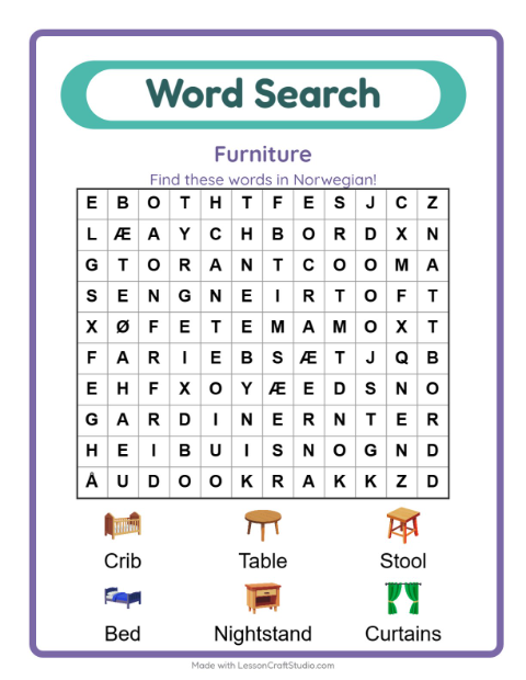 Preview of Learn Norwegian: Furniture – Word Search for Kids