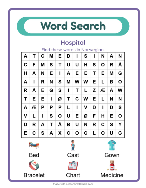 Preview of Learn Norwegian: Hospital Things – Word Search for Kids