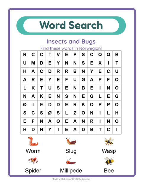 Preview of Learn Norwegian: Insects and Bugs – Word Search for Kids