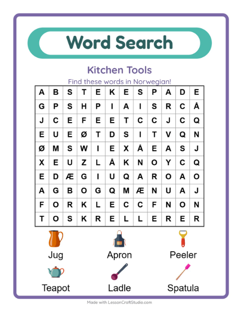 Preview of Learn Norwegian: Kitchen Tools – Word Search for Kids
