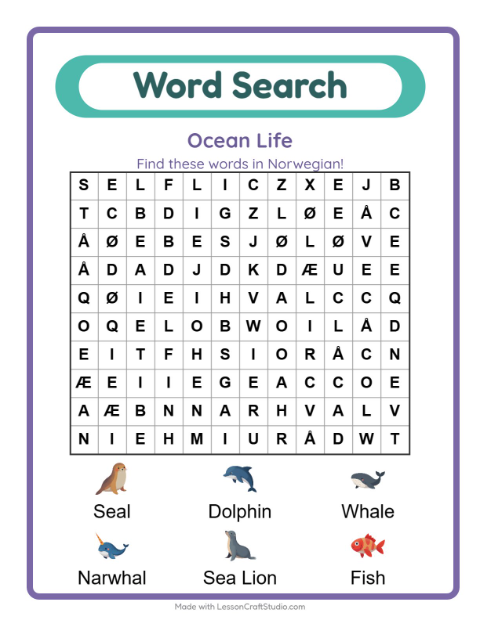 Picture word search – Ocean Life