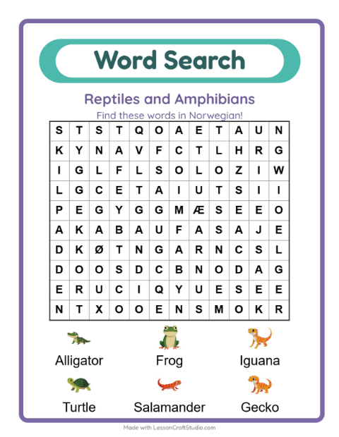 Picture word search – Reptiles and Amphibians
