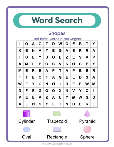Preview of Learn Norwegian: Shapes – Word Search for Kids