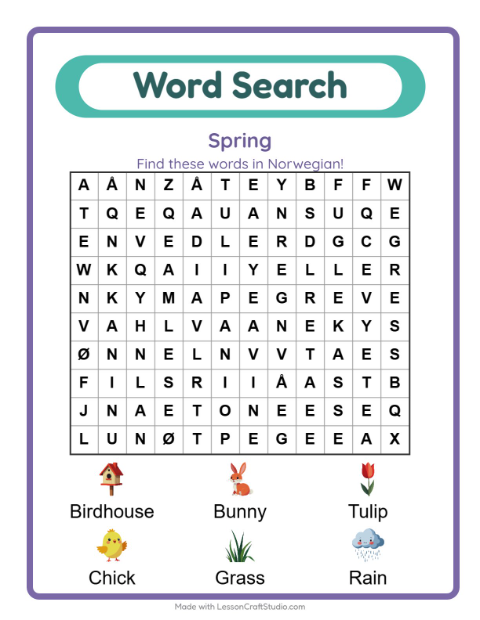 Preview of Learn Norwegian: Spring – Word Search for Kids