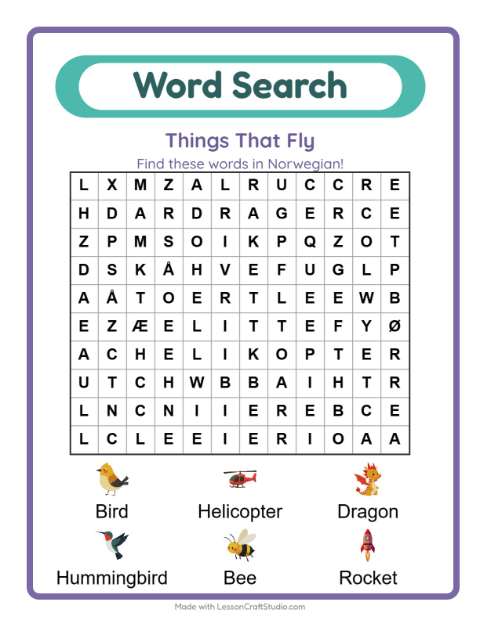 Picture word search – Things That Fly