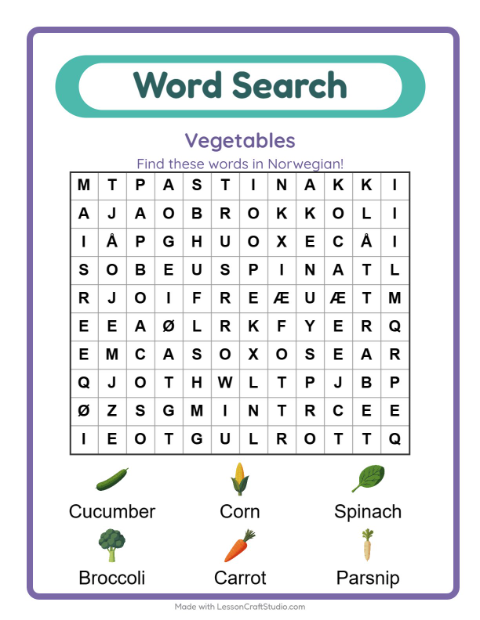 Preview of Learn Norwegian: Vegetables – Word Search for Kids