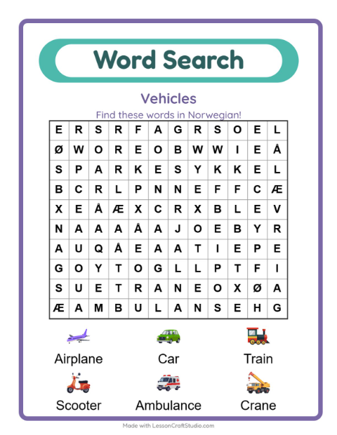 Picture word search – Vehicles