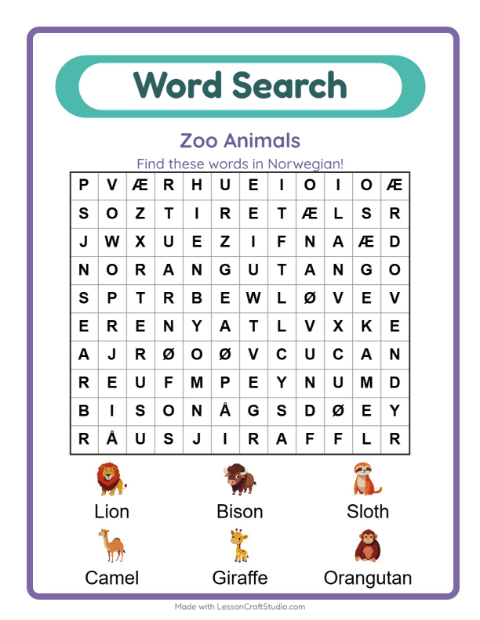 Picture word search – Zoo Animals